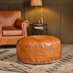 Nkuku Nadu Leather Pouf - Large Living Room