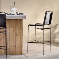 Nkuku Nirmi Leather Sling Back Bar Chair - Charcoal